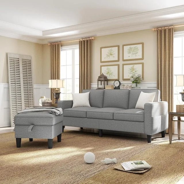 Modern Beige Linen Fabric Upholstered 3-Seat L-Shaped Sofa Couch Furniture Set Pockets for Living Room Small Space Apartment