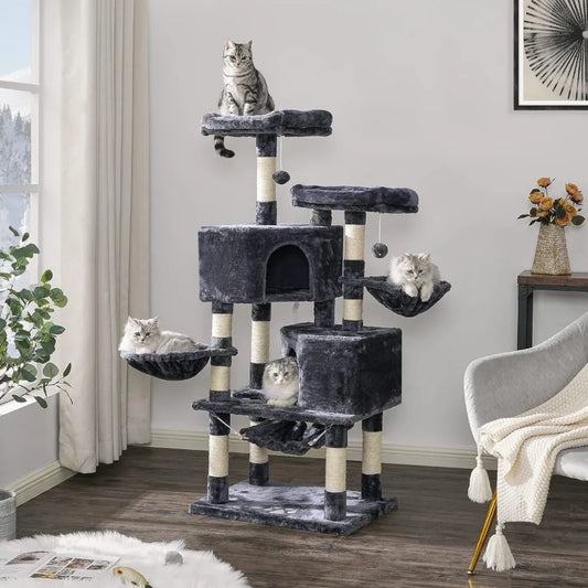 Multi Story Cat Tree Tower, Large Cat Apartment Furniture, Pet Game House, Smoke Gray Cat Tower