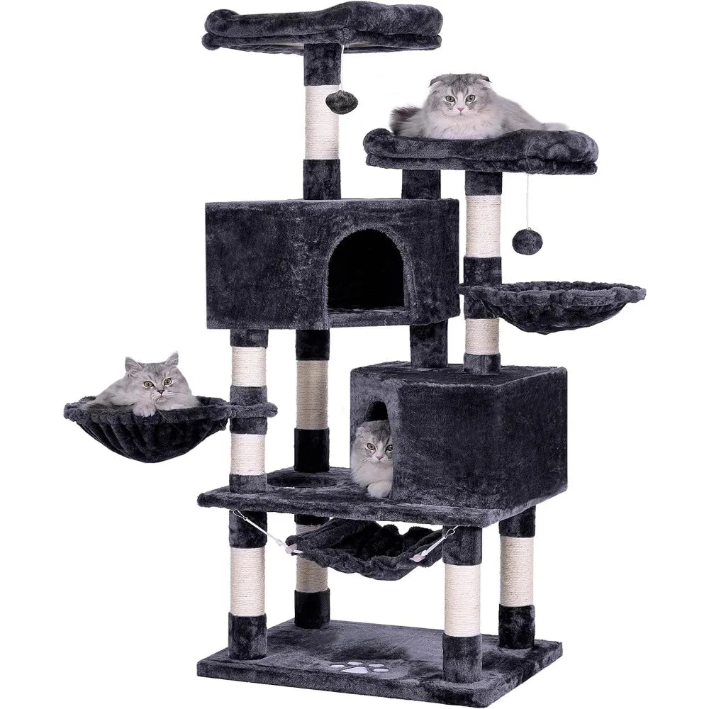 Multi Story Cat Tree Tower, Large Cat Apartment Furniture, Pet Game House, Smoke Gray Cat Tower