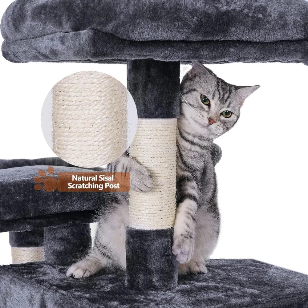 Multi Story Cat Tree Tower, Large Cat Apartment Furniture, Pet Game House, Smoke Gray Cat Tower