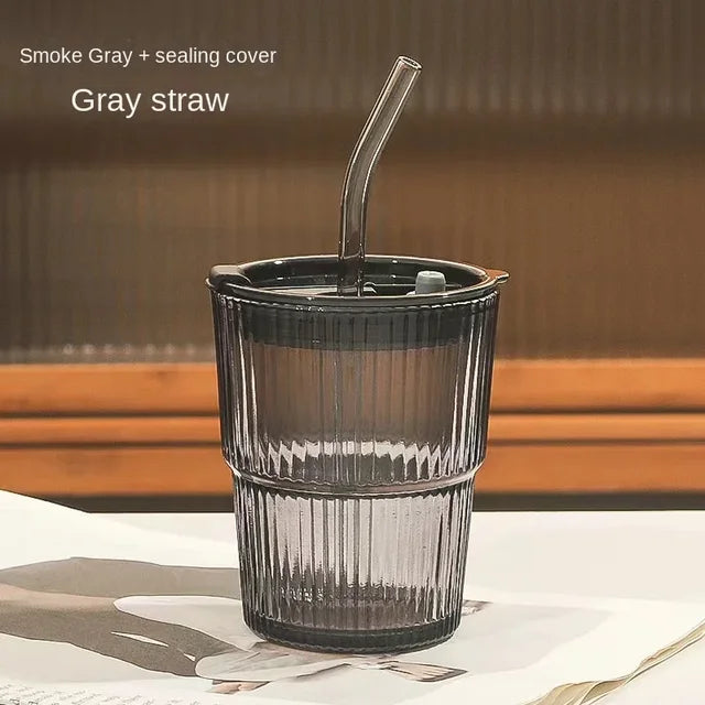 Net Red Wind Vertical Stripes Ins Coffee Glass Lid Straw Water Cup Good-Looking Ice American Latte Milk Cup