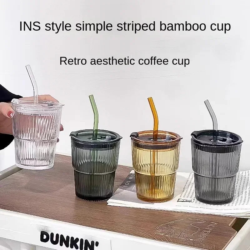 Net Red Wind Vertical Stripes Ins Coffee Glass Lid Straw Water Cup Good-Looking Ice American Latte Milk Cup