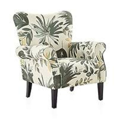 A stylish Olive Green and Cream Floral Accent Chair featuring an elegant floral pattern in rich olive green and soft cream tones. The chair has a modern silhouette with a tufted wingback design and gracefully tapered wooden legs, offering a perfect blend of classic sophistication and contemporary style. The plush, cushioned seat and ergonomic backrest provide comfort and support, making it an ideal addition to a living room, office, or reading nook. The chair’s durable construction and timeless design add c