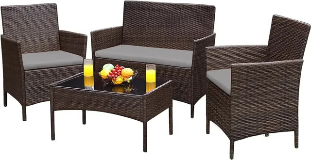 Outdoor Sofa Set of 4 with Soft Cushion and Glass Table, Patio Furniture 4 Pieces Conversation Set, Outdoor Wicker Rattan Chairs