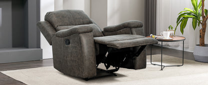 Grey leather recliner chair with ergonomic armrests, adjustable backrest, and concealed cup holder for ultimate comfort and relaxation. Features durable faux leather upholstery, supportive foam padding, and a sturdy FSC-certified wood frame. Perfect for living rooms, home theaters, or reading spaces.
