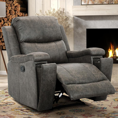 Grey leather recliner chair with ergonomic armrests, adjustable backrest, and concealed cup holder for ultimate comfort and relaxation. Features durable faux leather upholstery, supportive foam padding, and a sturdy FSC-certified wood frame. Perfect for living rooms, home theaters, or reading spaces.