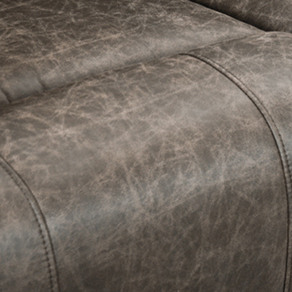 Grey leather recliner chair with ergonomic armrests, adjustable backrest, and concealed cup holder for ultimate comfort and relaxation. Features durable faux leather upholstery, supportive foam padding, and a sturdy FSC-certified wood frame. Perfect for living rooms, home theaters, or reading spaces.