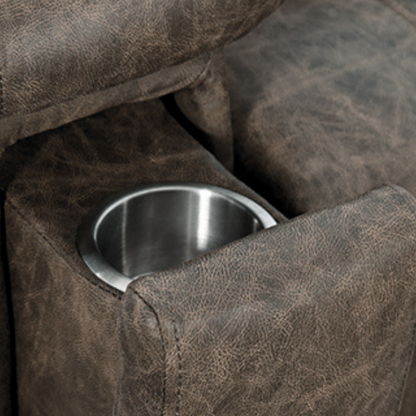 Grey leather recliner chair with ergonomic armrests, adjustable backrest, and concealed cup holder for ultimate comfort and relaxation. Features durable faux leather upholstery, supportive foam padding, and a sturdy FSC-certified wood frame. Perfect for living rooms, home theaters, or reading spaces.
