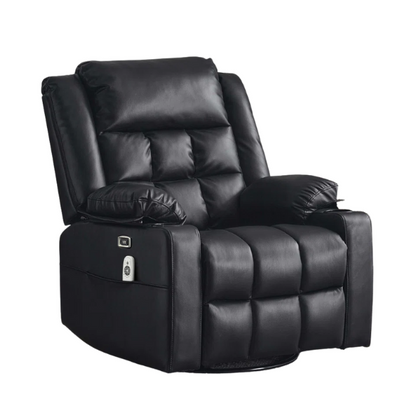 Black Leather Recliner with 270° swivel, heated massage, cup holders, footrest, and USB & Type-C charging ports. Comfortable wing-back design, durable wood and metal frame, ideal for relaxation in living room, bedroom, or study. Weight capacity: 350 lbs. Easy assembly.