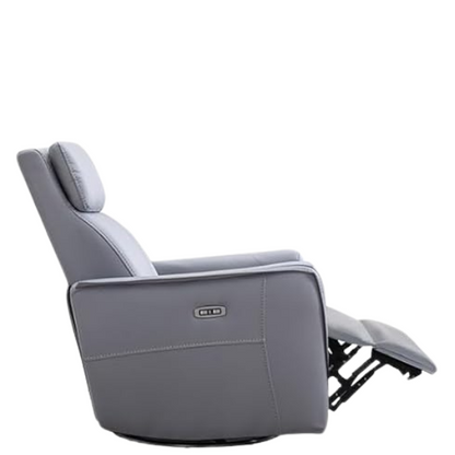 Blue grey power swivel rocker recliner with 270° swivel, smooth gliding recline, USB charging port, and durable faux leather fabric. Supports up to 350 lbs, perfect for living room, bedroom, or nursery. Easy assembly and quiet motor.