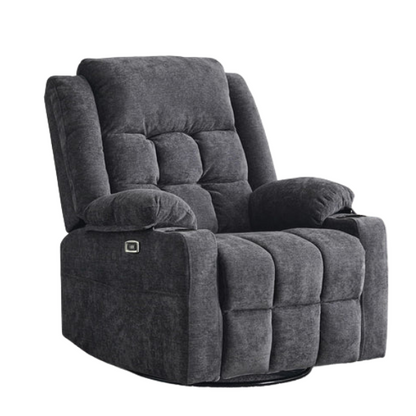 Dark Grey Power Recliner with Swivel, Heat, Massage, Cup Holders, Footrest, and USB Charging Ports. Comfortable wing-back design with textile upholstery, easy assembly, and 350 lbs weight capacity.