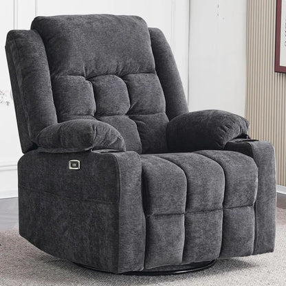Dark Grey Power Recliner with Swivel, Heat, Massage, Cup Holders, Footrest, and USB Charging Ports. Comfortable wing-back design with textile upholstery, easy assembly, and 350 lbs weight capacity.