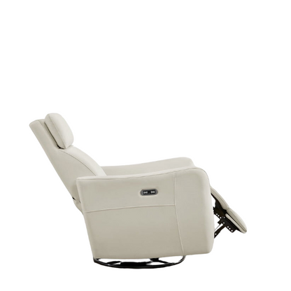 Cream white power swivel rocker recliner with 270° swivel, smooth gliding recline, USB charging port, and durable faux leather fabric. Supports up to 350 lbs, perfect for living room, bedroom, or nursery. Easy assembly and quiet motor.