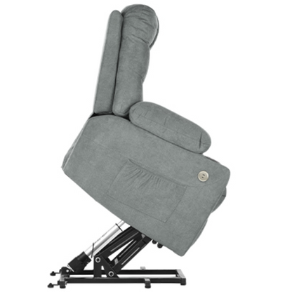 Grey power lift recliner chair with vibrational massage, lumbar heating, USB ports, and cup holders. Ideal for elderly, pregnant women, or those needing comfort, this chair offers smooth reclining, back support, and easy assembly for maximum relaxation.