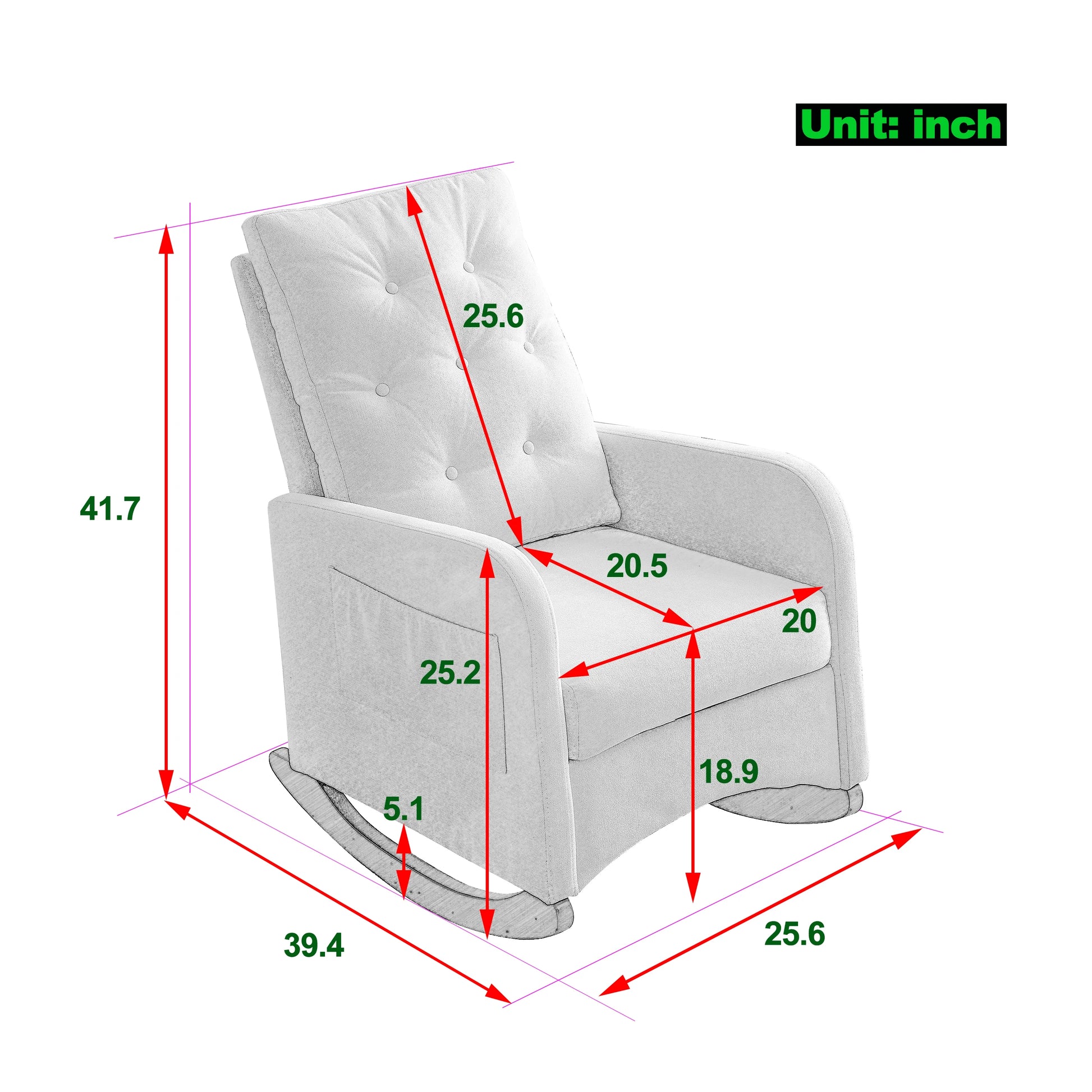 Redlife 25.6"W Recliner Chair, Modern Accent High Backrest Living Room Lounge Arm Rocking Chair with Two Side Pocket for Storage