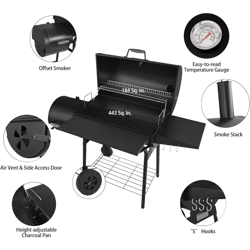 Royal Bbq Grill Gourmet CC1830S 30" BBQ Charcoal Grill and Offset Smoker ,Outdoor for Camping Black