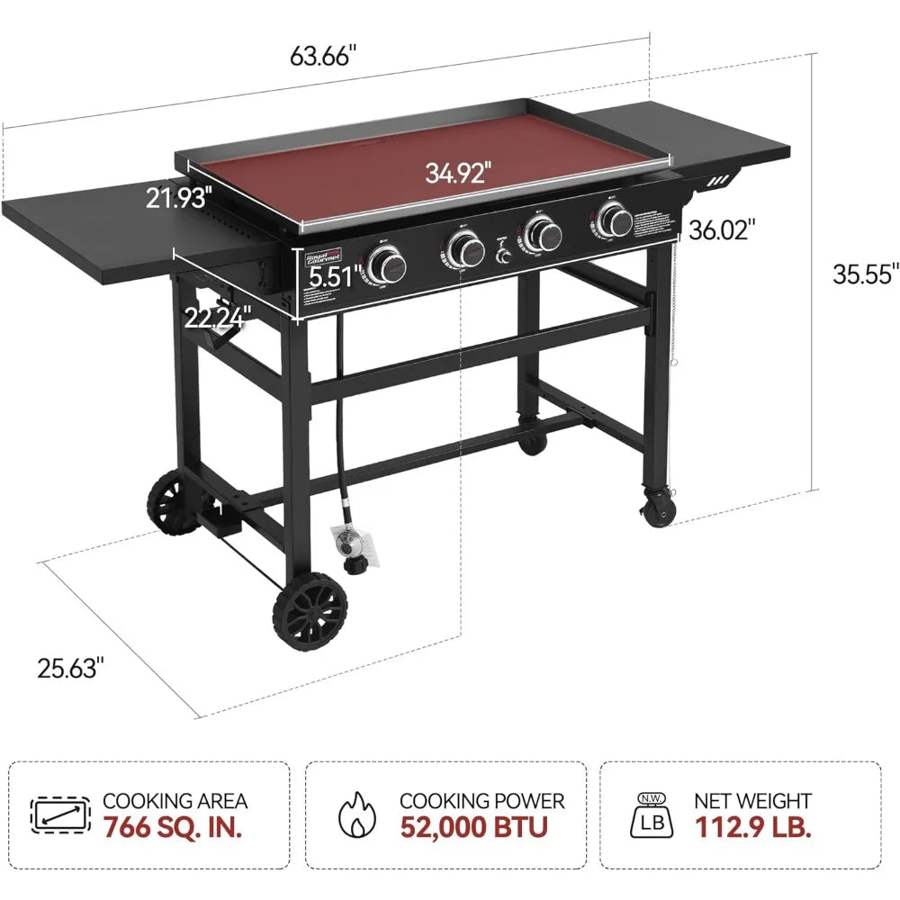 Royal Gourmet GB4001C 35-Inch Flat Top Griddle with Polyester Oxford Cover, 4-Burner Outdoor Propane Gas BBQ Grill, 52,000 BTU