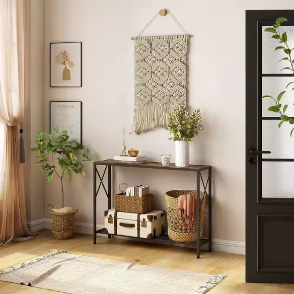 Rustic brown 2-tier console table with metal frame, ideal for entryways, hallways, or behind sofas. Provides stylish storage and decor with adjustable feet for stability.