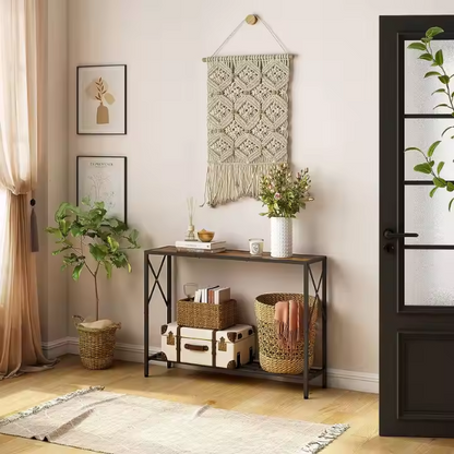 Rustic brown 2-tier console table with metal frame, ideal for entryways, hallways, or behind sofas. Provides stylish storage and decor with adjustable feet for stability.