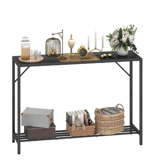Rustic brown and black 2-tier console table with metal frame, featuring a wood grain top. Ideal for entryways, hallways, or behind sofas, offering stylish storage and decor with adjustable feet for stability.