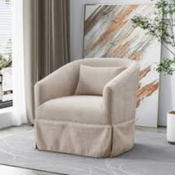 A set of two beige cream swivel accent chairs with soft linen blend upholstery, sleek metal frames, and wood accent details. The chairs feature a 360-degree swivel base for easy movement and are filled with foam and spring cushioning for comfort. The metal legs with steel details provide stability, and the modern design fits well in various spaces like living rooms, bedrooms, and offices. The chairs are sturdy, versatile, and easy to assemble, offering both style and durability for any home.