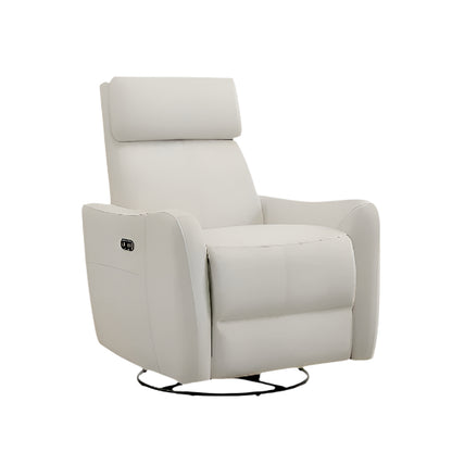 Cream white power swivel rocker recliner with 270° swivel, smooth gliding recline, USB charging port, and durable faux leather fabric. Supports up to 350 lbs, perfect for living room, bedroom, or nursery. Easy assembly and quiet motor.