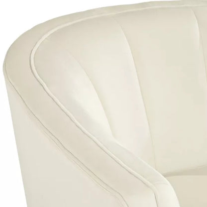 Elegant cream beige velvet shell-shaped accent chair with tufted design and gold-finished metal legs, offering comfort and modern sophistication for living rooms, bedrooms, or offices.