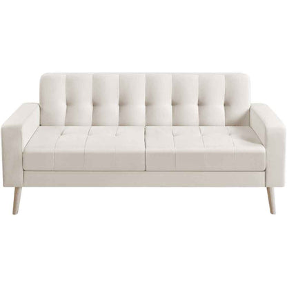 Mid-Century Modern 2-Seater Loveseat in elegant beige, featuring sleek lines, tapered wood-grain legs, USB charging ports, and comfortable foam cushions. Perfect for smaller spaces, living rooms, or offices.