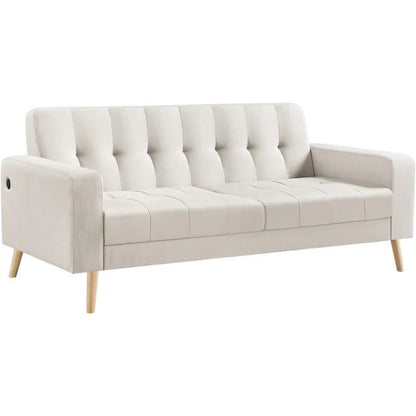 Mid-Century Modern 2-Seater Loveseat in elegant beige, featuring sleek lines, tapered wood-grain legs, USB charging ports, and comfortable foam cushions. Perfect for smaller spaces, living rooms, or offices.