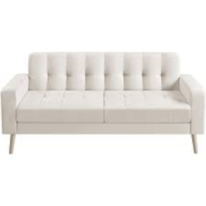 Mid-Century Modern 2-Seater Loveseat in elegant beige, featuring sleek lines, tapered wood-grain legs, USB charging ports, and comfortable foam cushions. Perfect for smaller spaces, living rooms, or offices.