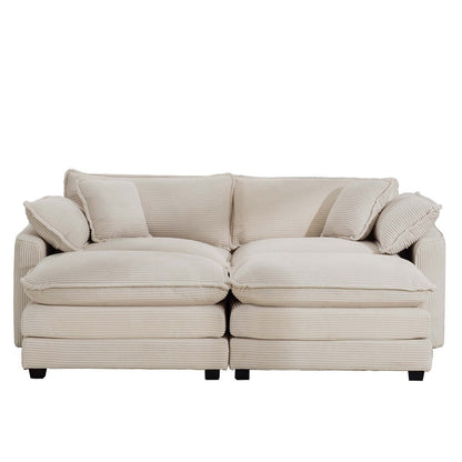 Luxurious cream beige velvet corduroy sofa with deep cushions, foam and pocket spring construction, sleek black plastic legs, offering sophisticated comfort and versatile style for modern living rooms, offices, and apartments.