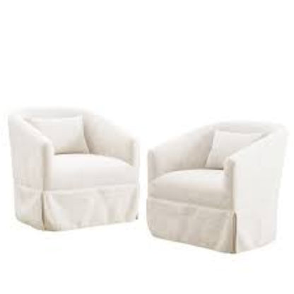 A set of two beige cream swivel accent chairs with soft linen blend upholstery, sleek metal frames, and wood accent details. The chairs feature a 360-degree swivel base for easy movement and are filled with foam and spring cushioning for comfort. The metal legs with steel details provide stability, and the modern design fits well in various spaces like living rooms, bedrooms, and offices. The chairs are sturdy, versatile, and easy to assemble, offering both style and durability for any home.