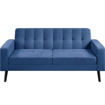 Mid-Century Modern 2-Seater Loveseat in elegant dark blue, featuring sleek lines, tapered wood-grain legs, USB charging ports, and comfortable foam cushions. Perfect for smaller spaces, living rooms, or offices.