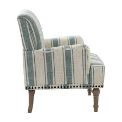 Set of two Cream Beige & Blue Striped Accent Chairs featuring a stylish striped upholstery in soft beige and blue tones. The chairs have a classic design with a streamlined silhouette, elegant carved front legs, and simple back legs. The chairs are made of durable solid and manufactured wood, with foam-filled cushioning and supportive backrests. Subtle nailhead trim adds a vintage-inspired touch. Ideal for living rooms, bedrooms, or study spaces, offering both comfort and timeless style.