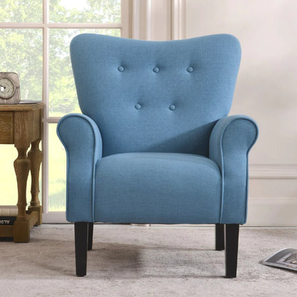 Solid Blue Mid-Century Modern Upholstered Fabric Accent Armchair with rolled arms, tufted back, and tapered wooden legs. The chair features a bold, vibrant solid blue fabric upholstery, adding a touch of timeless elegance and contemporary flair to any room. Ideal for living rooms, bedrooms, offices, or studios, the chair combines comfort and style with its sturdy rubberwood frame, plush foam cushions, and sleek design.