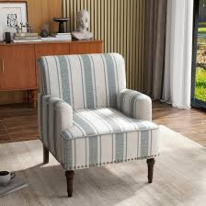 Set of two Cream Beige & Blue Striped Accent Chairs featuring a stylish striped upholstery in soft beige and blue tones. The chairs have a classic design with a streamlined silhouette, elegant carved front legs, and simple back legs. The chairs are made of durable solid and manufactured wood, with foam-filled cushioning and supportive backrests. Subtle nailhead trim adds a vintage-inspired touch. Ideal for living rooms, bedrooms, or study spaces, offering both comfort and timeless style.
