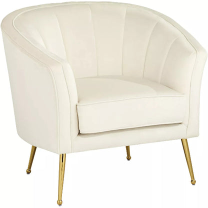 Elegant cream beige velvet shell-shaped accent chair with tufted design and gold-finished metal legs, offering comfort and modern sophistication for living rooms, bedrooms, or offices.