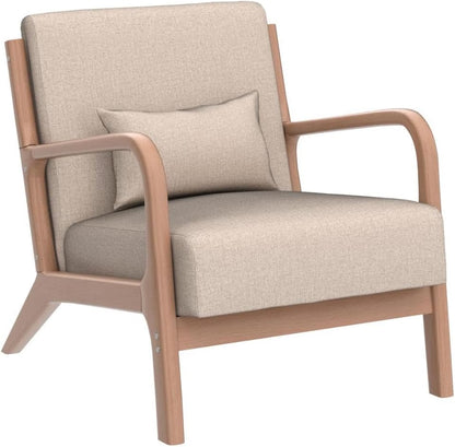 Beige low-back accent chair with plush cushions and ergonomic design, featuring a solid wood frame and footpads for stability. Ideal for living rooms, bedrooms, or offices, offering comfort and support with high-density sponge cushioning and breathable linen fabric. Easy to assemble and maintain, perfect for relaxation and reading.