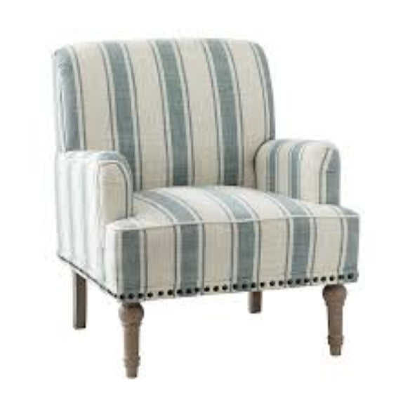 Set of two Cream Beige & Blue Striped Accent Chairs featuring a stylish striped upholstery in soft beige and blue tones. The chairs have a classic design with a streamlined silhouette, elegant carved front legs, and simple back legs. The chairs are made of durable solid and manufactured wood, with foam-filled cushioning and supportive backrests. Subtle nailhead trim adds a vintage-inspired touch. Ideal for living rooms, bedrooms, or study spaces, offering both comfort and timeless style.