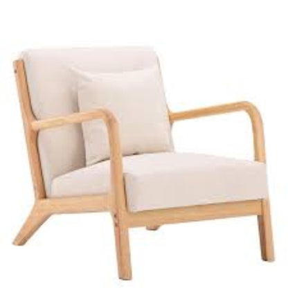 Beige low-back accent chair with plush cushions and ergonomic design, featuring a solid wood frame and footpads for stability. Ideal for living rooms, bedrooms, or offices, offering comfort and support with high-density sponge cushioning and breathable linen fabric. Easy to assemble and maintain, perfect for relaxation and reading.