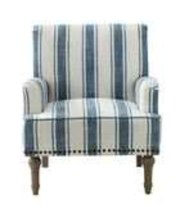 Set of two Cream Beige & Blue Striped Accent Chairs featuring a stylish striped upholstery in soft beige and blue tones. The chairs have a classic design with a streamlined silhouette, elegant carved front legs, and simple back legs. The chairs are made of durable solid and manufactured wood, with foam-filled cushioning and supportive backrests. Subtle nailhead trim adds a vintage-inspired touch. Ideal for living rooms, bedrooms, or study spaces, offering both comfort and timeless style.