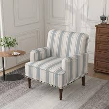 Set of two Cream Beige & Blue Striped Accent Chairs featuring a stylish striped upholstery in soft beige and blue tones. The chairs have a classic design with a streamlined silhouette, elegant carved front legs, and simple back legs. The chairs are made of durable solid and manufactured wood, with foam-filled cushioning and supportive backrests. Subtle nailhead trim adds a vintage-inspired touch. Ideal for living rooms, bedrooms, or study spaces, offering both comfort and timeless style.
