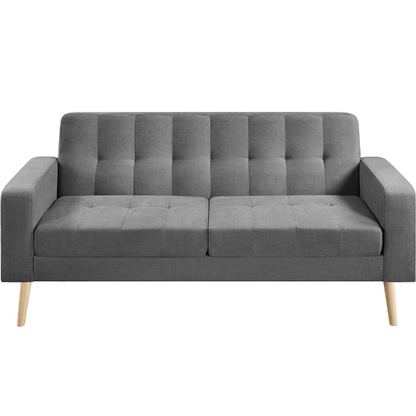 Mid-Century Modern 2-Seater Loveseat in elegant dark grey, featuring sleek lines, tapered wood-grain legs, USB charging ports, and comfortable foam cushions. Perfect for smaller spaces, living rooms, or offices.