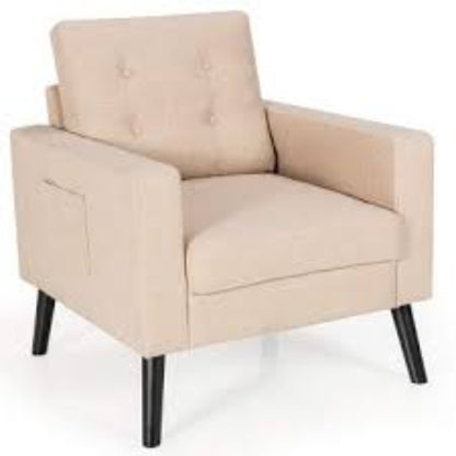 A beige Mid-Century Modern accent chair featuring a square tufted back, gracefully curved arms, and solid birch wood tapered legs with a dark espresso finish. Upholstered in 100% polyester fabric, the chair includes a thick foam cushion for comfort and is designed for small spaces. Perfect for living rooms, offices, bedrooms, or reading nooks, this chair blends timeless style and durability. It has a weight capacity of 300 lbs and requires easy assembly.

