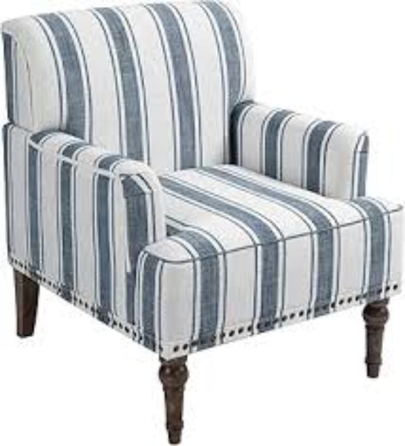 Set of two Cream Beige & Blue Striped Accent Chairs featuring a stylish striped upholstery in soft beige and blue tones. The chairs have a classic design with a streamlined silhouette, elegant carved front legs, and simple back legs. The chairs are made of durable solid and manufactured wood, with foam-filled cushioning and supportive backrests. Subtle nailhead trim adds a vintage-inspired touch. Ideal for living rooms, bedrooms, or study spaces, offering both comfort and timeless style.