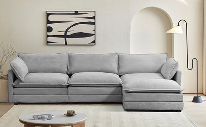 Modern 4-piece L-shaped sectional sofa in premium grey corduroy fabric. Features high-elastic sponge cushions, a sturdy metal and wood frame, and a movable ottoman for flexible configurations. Easy assembly and versatile design perfect for living rooms, bedrooms, or offices.