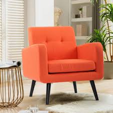 Vibrant orange accent chair with Mid-Century Modern design, featuring a tufted square back, curved arms, and dark espresso solid birch wood tapered legs. The chair is upholstered in durable, easy-to-clean 100% polyester fabric and includes a thick foam cushion for comfort. Ideal for small spaces, this compact chair blends style and function, perfect for a living room, office, or bedroom. Assembly required, with tools and instructions provided.