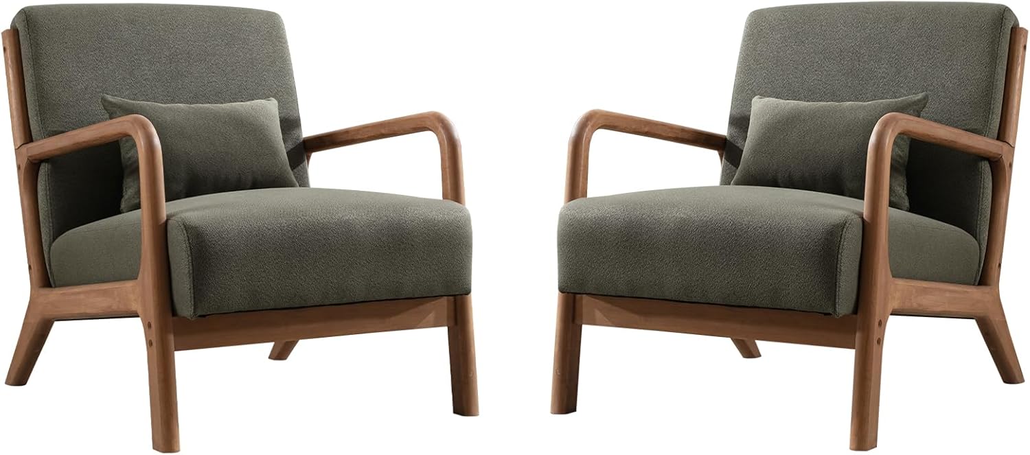 Set of 2 juniper olive green low-back accent chairs with ergonomic design, plush cushions, and durable wood frame. Perfect for living rooms, bedrooms, or offices, offering comfort and style with easy maintenance.