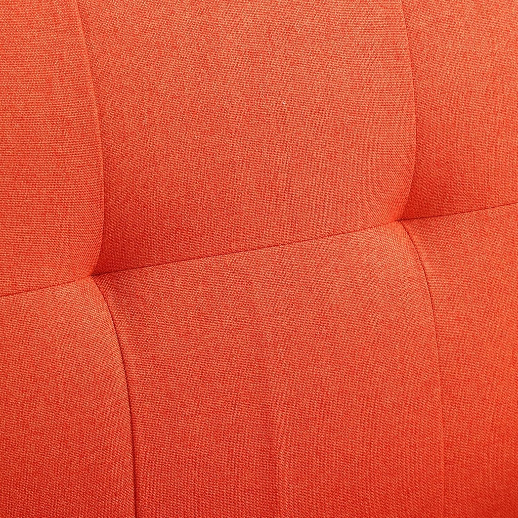 Vibrant orange accent chair with Mid-Century Modern design, featuring a tufted square back, curved arms, and dark espresso solid birch wood tapered legs. The chair is upholstered in durable, easy-to-clean 100% polyester fabric and includes a thick foam cushion for comfort. Ideal for small spaces, this compact chair blends style and function, perfect for a living room, office, or bedroom. Assembly required, with tools and instructions provided.