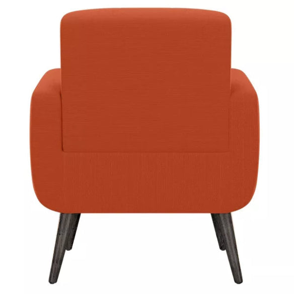 Vibrant orange accent chair with Mid-Century Modern design, featuring a tufted square back, curved arms, and dark espresso solid birch wood tapered legs. The chair is upholstered in durable, easy-to-clean 100% polyester fabric and includes a thick foam cushion for comfort. Ideal for small spaces, this compact chair blends style and function, perfect for a living room, office, or bedroom. Assembly required, with tools and instructions provided.